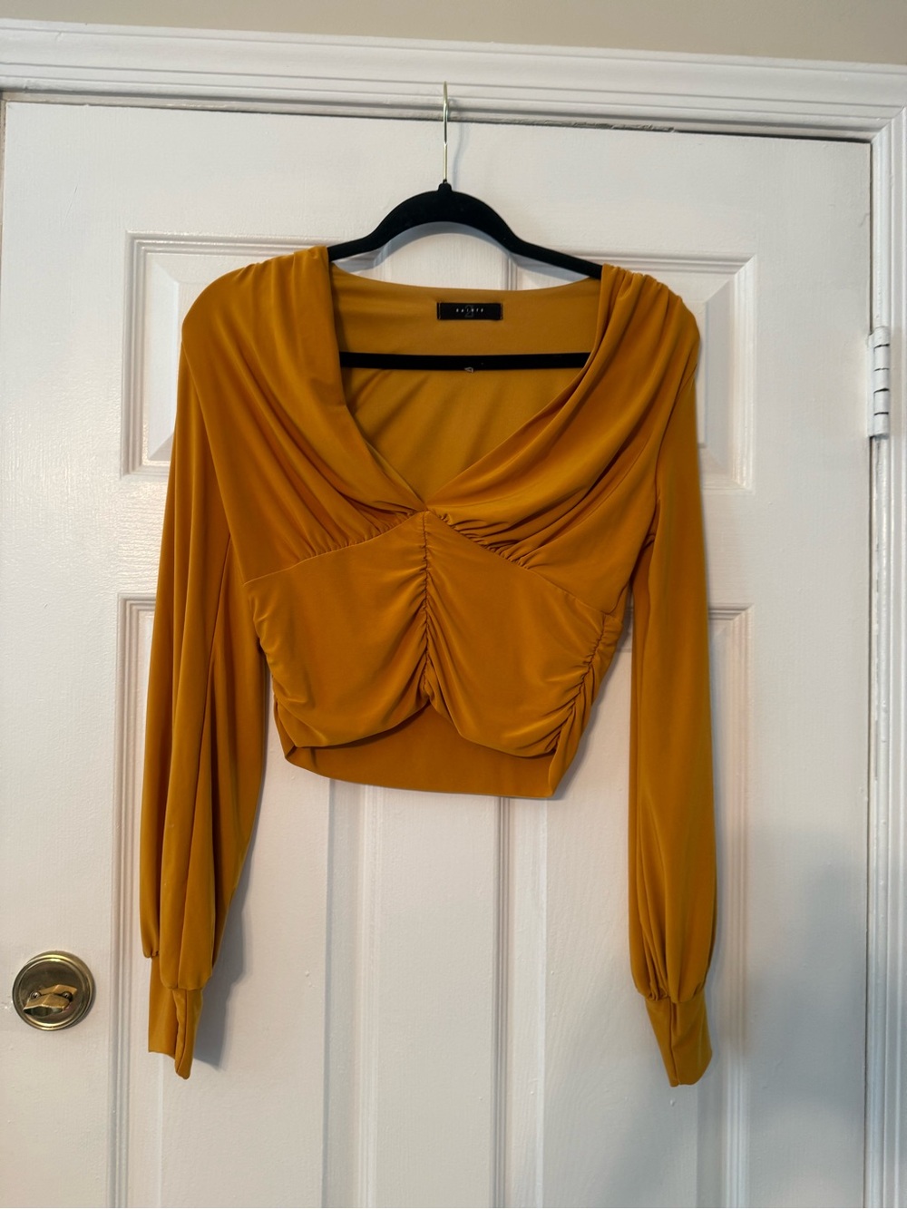 21 Saints Ruched Draped Mustard Long-Sleeve Crop Top